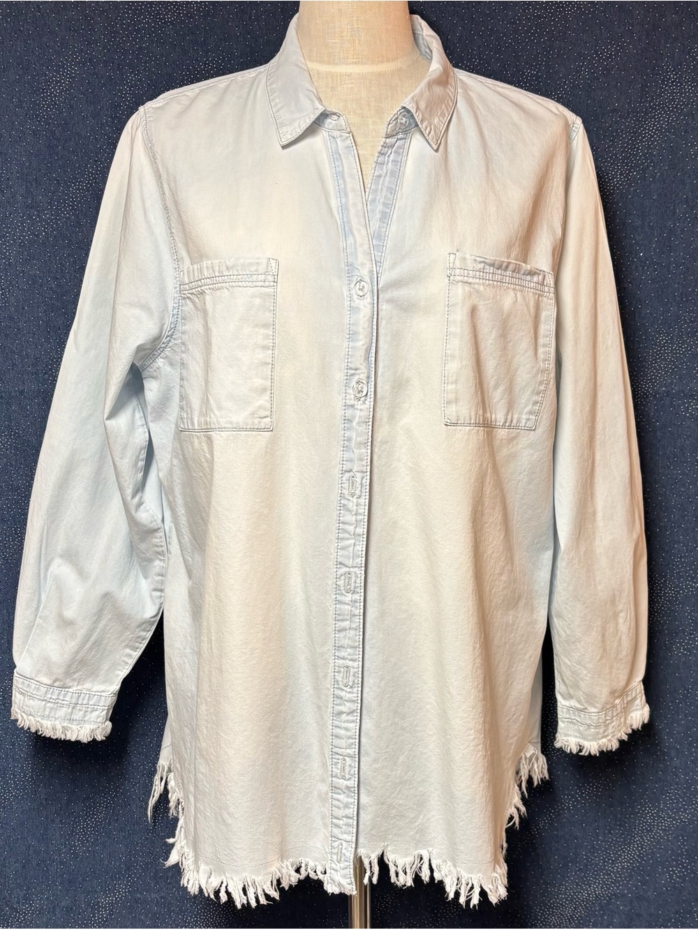Light Blue Frayed Hem Button-Up Shirt